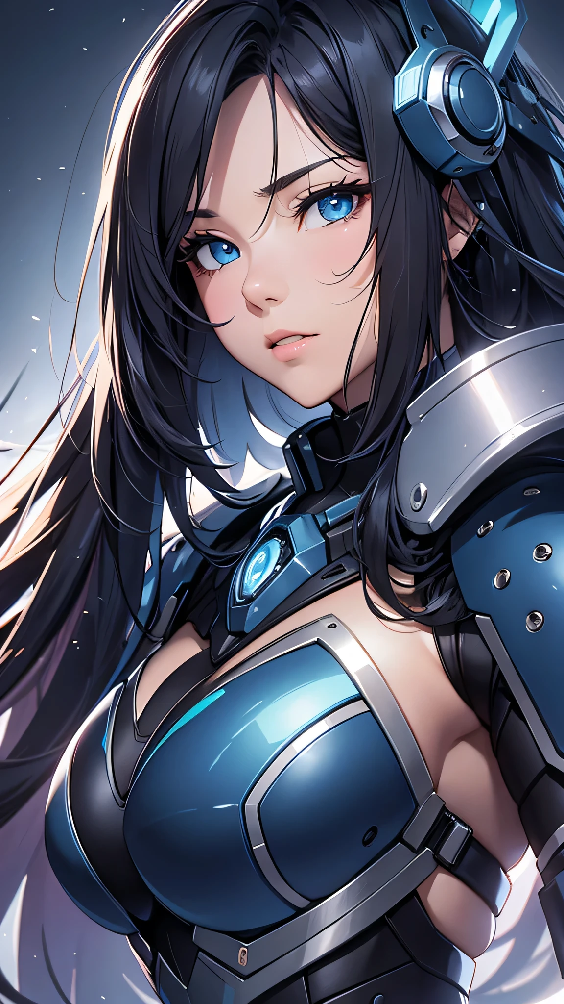 best quality, masterpiece, photographic reality, realistic, beautiful eyes, perfect detail, best lighting, super complex details, Dynamic colors, Striking contrast, electric energy, beautiful asian woman, blue eyes, bright blue hair, messy bun hair, freckles, pale skin, big breasts, smiling, ((wearing knight armor)), in dark forest, big landscape, blue glowing magic light, ((halfbody)), ((robotic arm))