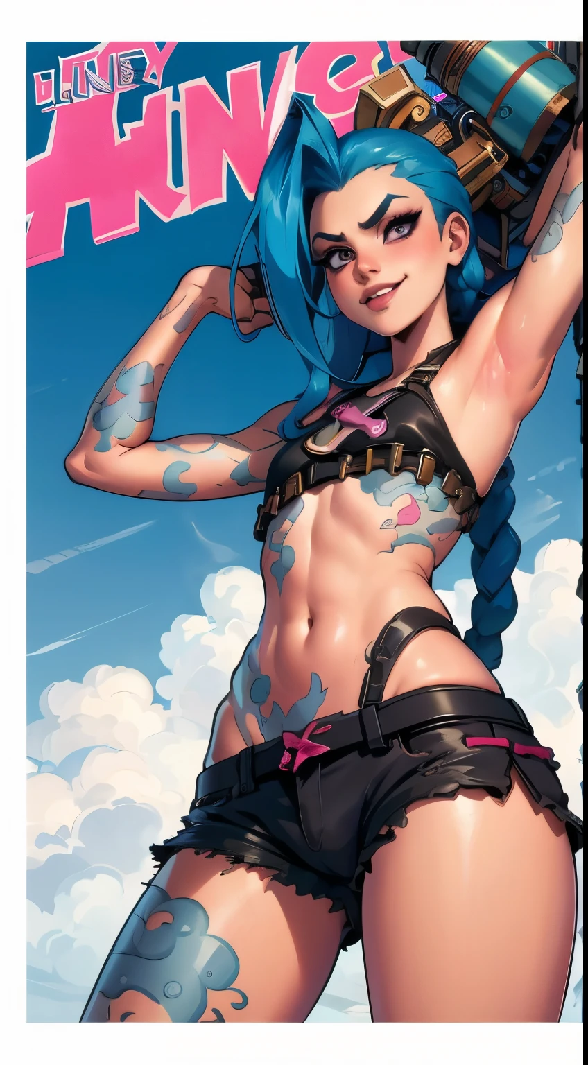 Jinx,Fleshy thighs， holding jinx rocket launcher, Poster publicity style，Ingram,Pose，Ultra shorts，Simetall，Street graffiti，Happy expression, viewpoint from below, shorts pulled down, pulling up on panties, showing cameltoe