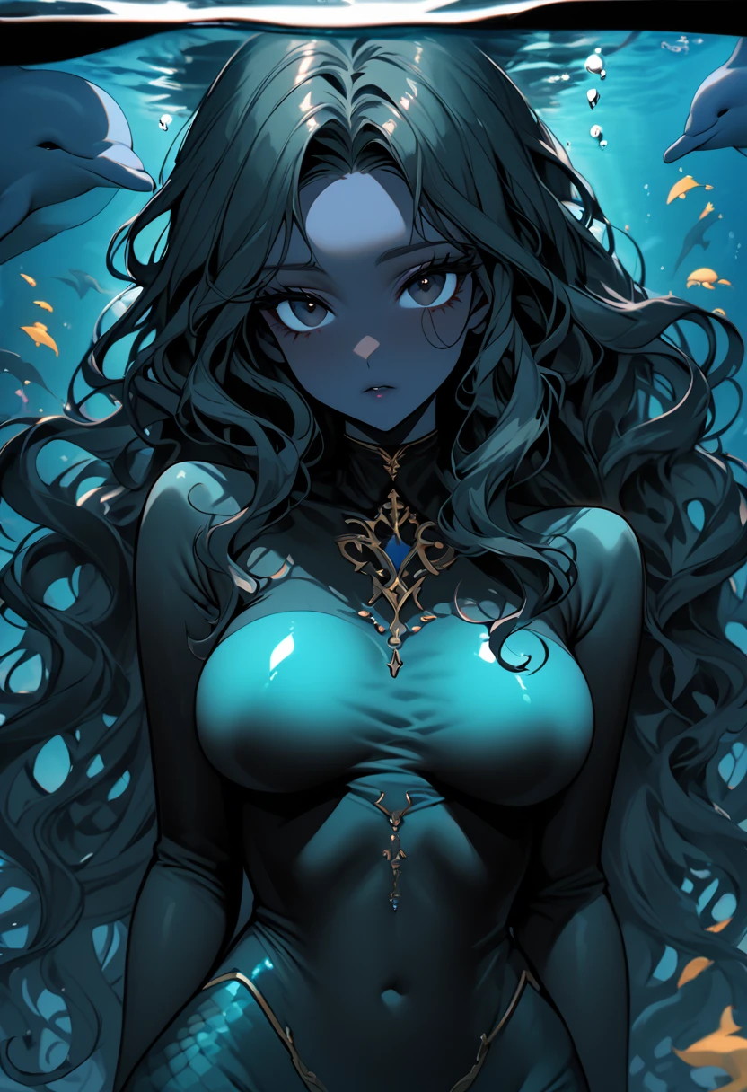 (high quality, 8k, 4K, high contrast, artwork:1.2, high quality, best aesthetics), (centered), ((1 woman)), erotic, sensual, mature body, grown woman, super detailed, beautiful face detailed, beautiful eyes detailed, detailed beautiful mouth, (long black curly hair), (blue eyes), (black eyeliner), (black eyeshadow), (freckles on cheeks), (black lipstick), (standing), (erect body posture), (front view of woman), (facing camera), (hands behind back), (sexy gothic style clothing), (pair of bunny ears on head)