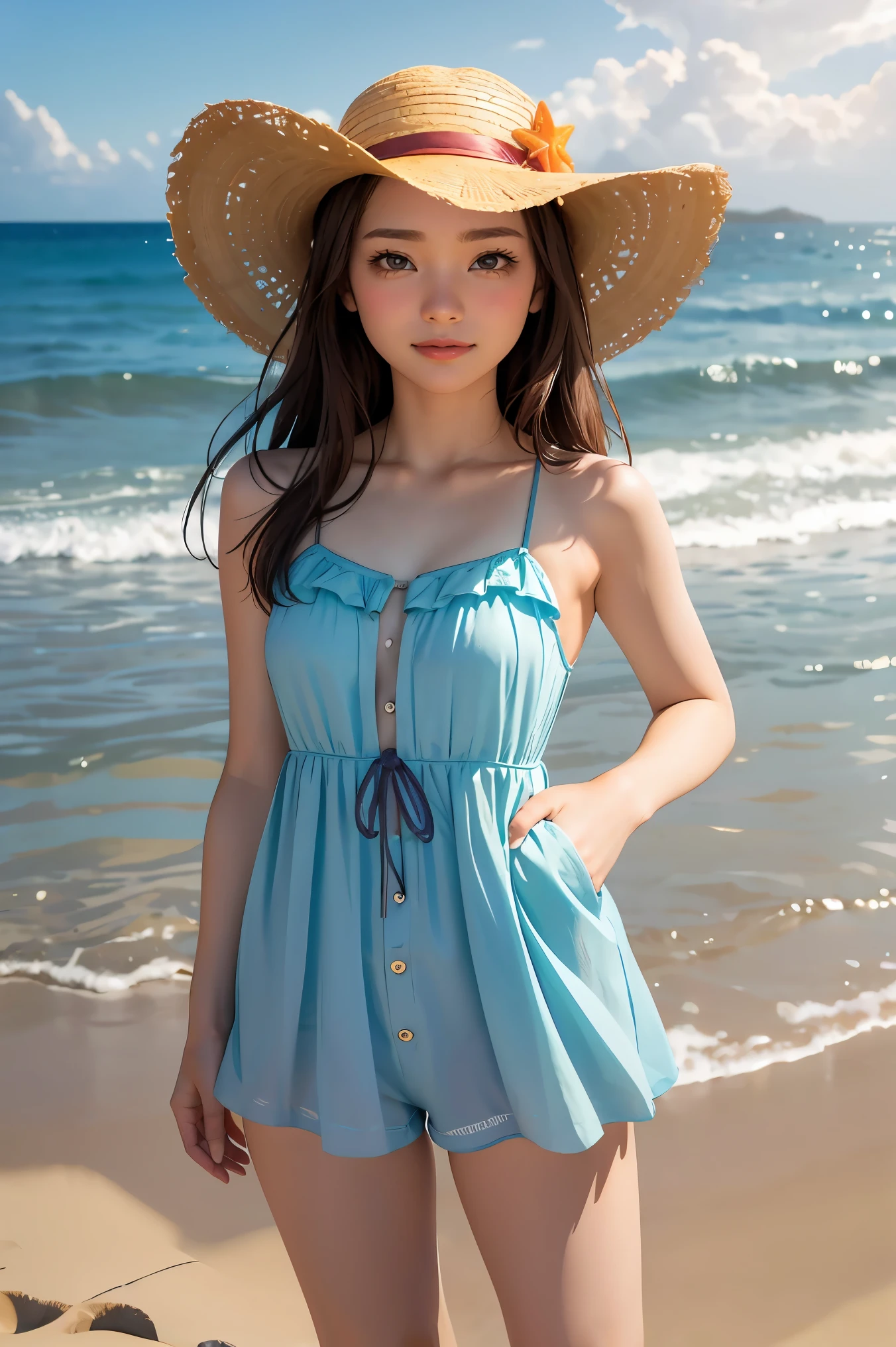 (masterpiece:1.2), (best quality:1.3), shallow_sunset, 1girl, standing, cowboy_shot, straw_hat, swimsuit, dress, shorts, flower, starfish, 