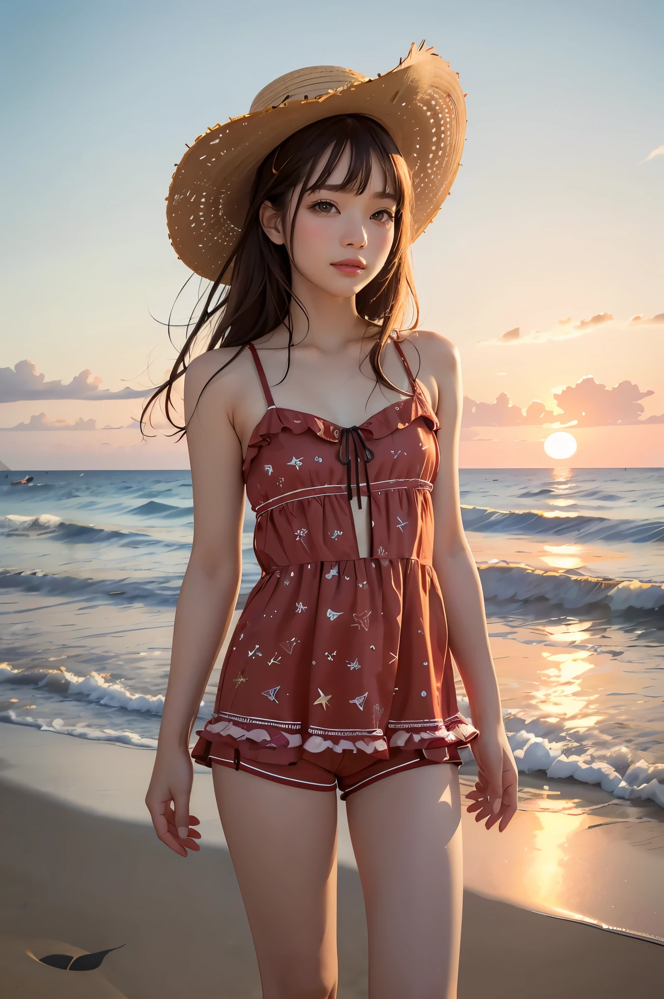 (masterpiece:1.2), (best quality:1.3), shallow_sunset, 1girl, standing, cowboy_shot, straw_hat, swimsuit, dress, shorts, flower, starfish, 