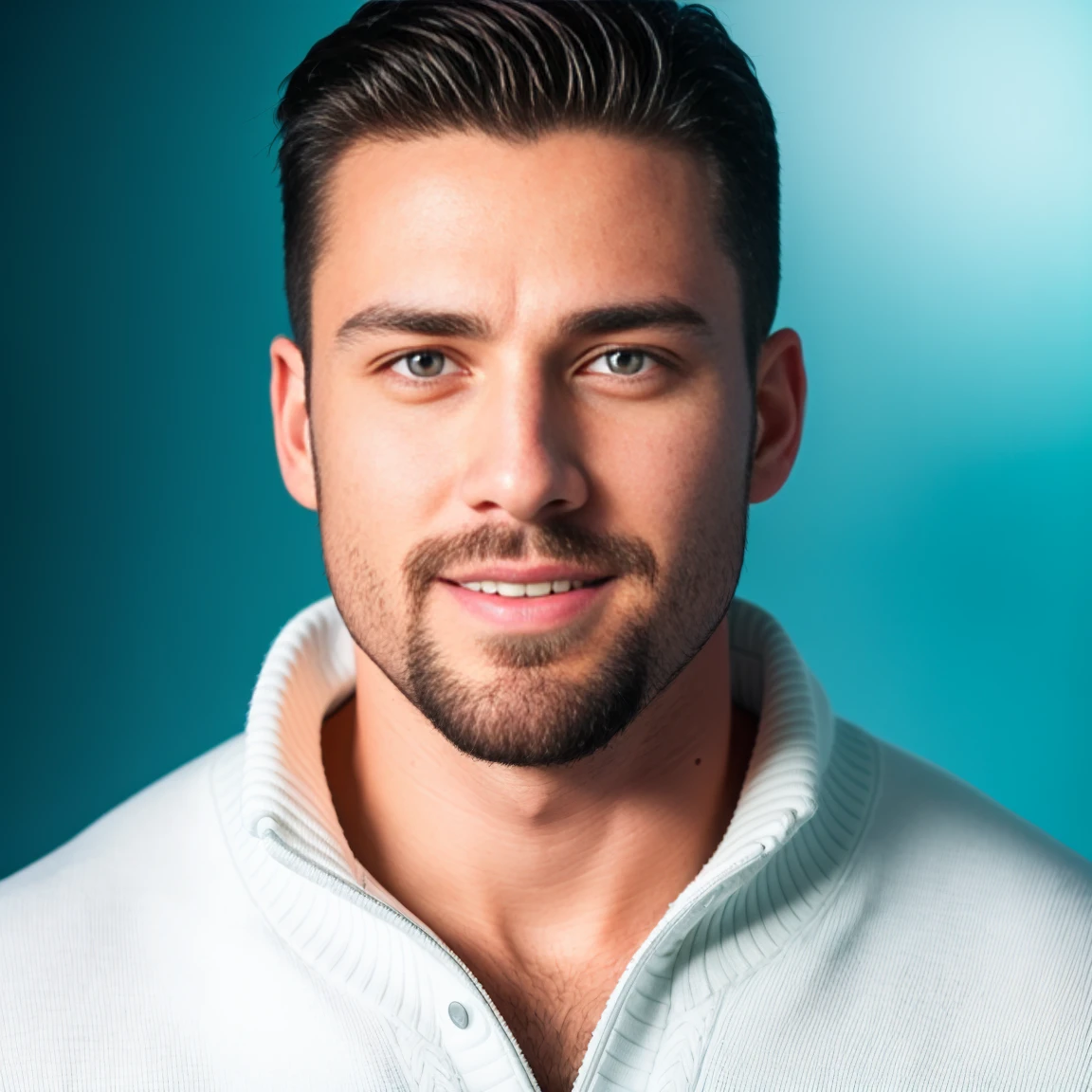 1man, RAW photo, portrait of a charismatic male fitness model, 30 years old，small beard, smiling slightly expression，gloomy eyes，Blue eyes, captured in a white background, wearing a dark blue sweater, soft natural lighting, cinematic and moody, (best quality,4k,8k,highres,masterpiece:1.2),ultra-detailed,(realistic,photorealistic,photo-realistic:1.37),HDR,studio lighting,professional,vivid colors,dramatic lighting