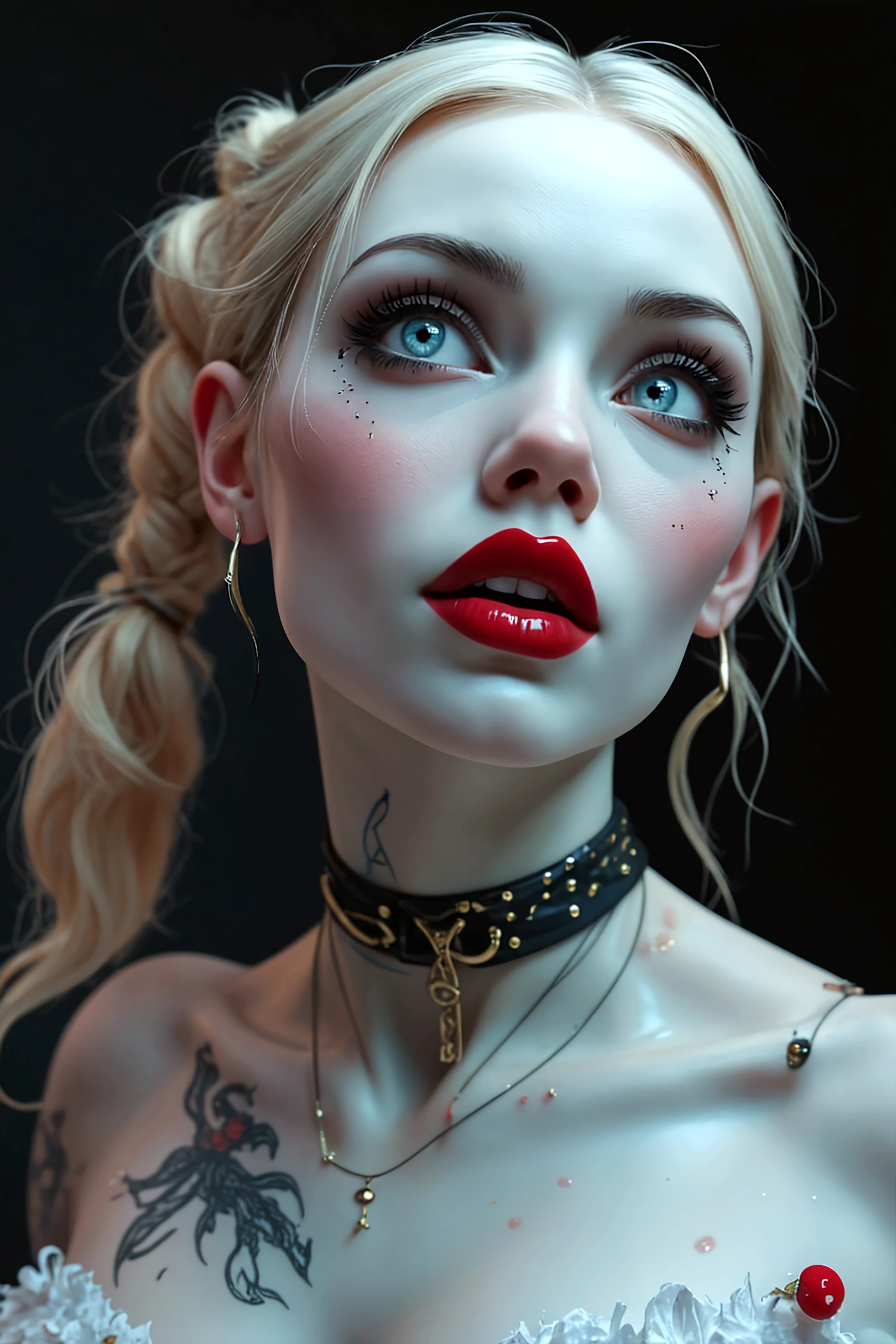 50's Style. Pretty Blonde Girl's Face with Long Hair with Tattoos on Face and Neck Black make-up and black lipstick. Cholo style. Pin-Up Retro Style. White Background