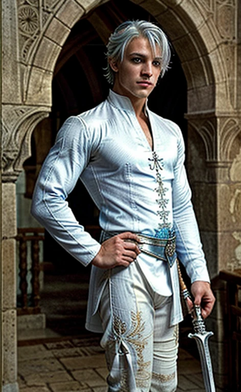 Young guy, Embossed body, body free from clothes, The penis is visible, white amorphous silk fabric, Stone corridor, blue gradient, marvel style