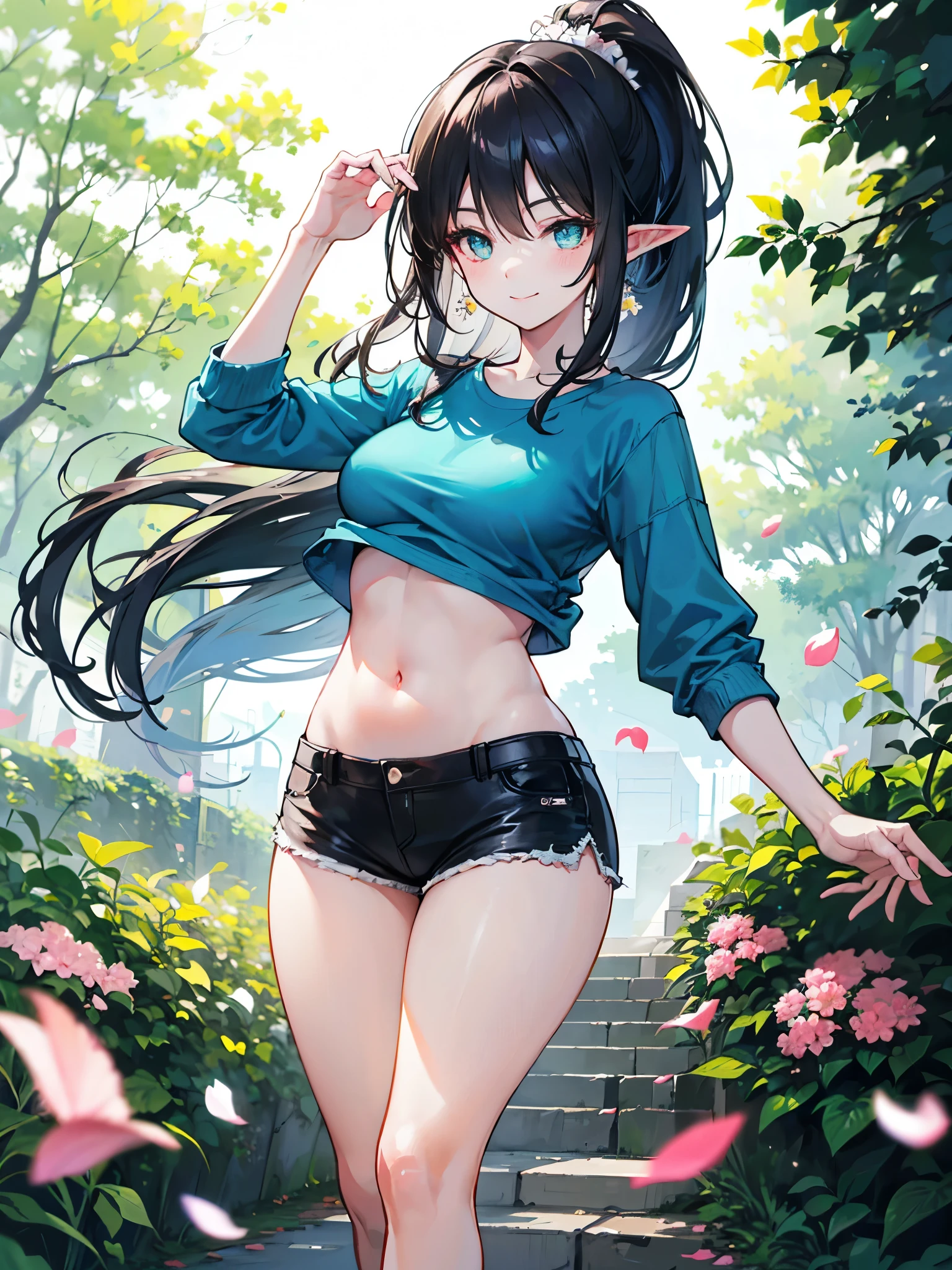 realistic image, coherent image, detailed image, 1 beautiful elf. She has black hair, long silky hair. Her eyes are violet, long eyelashes. Her face is oval and delicate. She is wearing a sleeveless shirt, showing her navel, ripped sports shorts, sneakers. She has a curvy body, medium breasts, thick thighs. she pose sexy. walking with his hands behind his back. Urban background, surrounded by trees. natural lighting, volumetric lighting