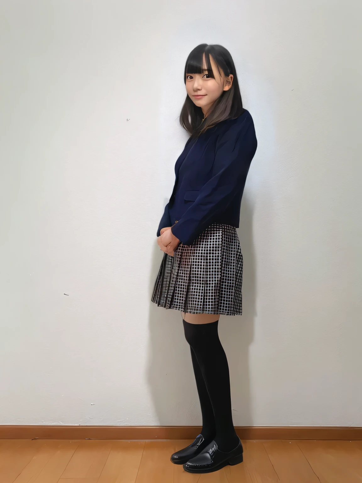 One Woman、((blazer、Checked mini skirt、Junior High School Uniform)),((small breasts)),Highest quality、Very delicate and beautiful、((Very short bangs))、((Bangs))、Highest quality、Very delicate and beautiful、((Very short bangs))、((blunt bangs))、つやのあるシルクのようなBlack Hair、The hair is light、((Black Hair、Straight Hair))、Cute face、Young face、Cute like an idol、Are thin、Slim figure、slender、Short、 body type、Are standing、Photographed from the front、Nice thighs、In town、
