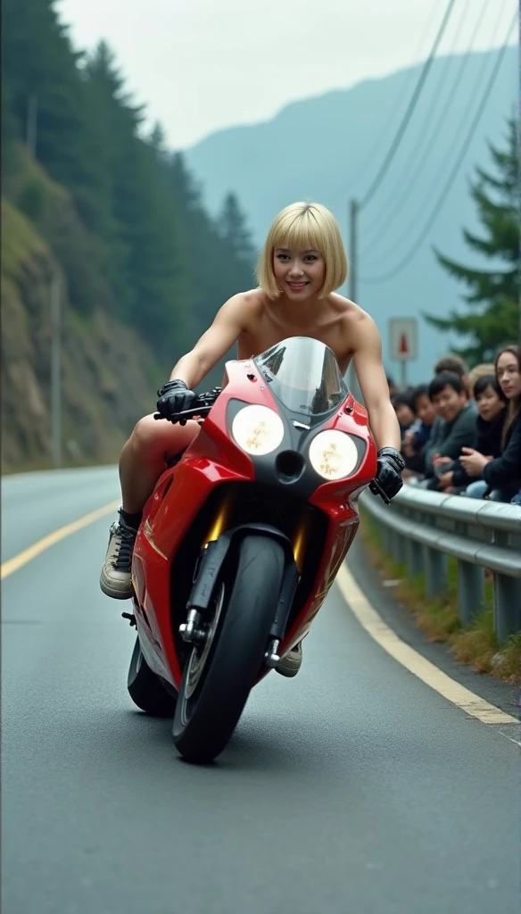 Blue eyed naked woman, blond hair, riding a motorcycle 
