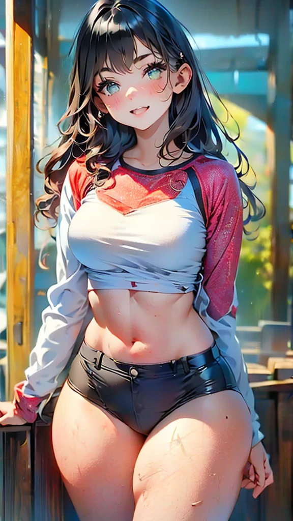 1 girl, light smileplaya, COWBOY SHOT, front view, tight sportswear, bigbreasts, ((thick thighs)), small waist, heavy background, thick thighs, huge thighs, hyperactive thighs , thin waist, wide hips, microbelt, Aunt Cass,very detailed, High quality, 