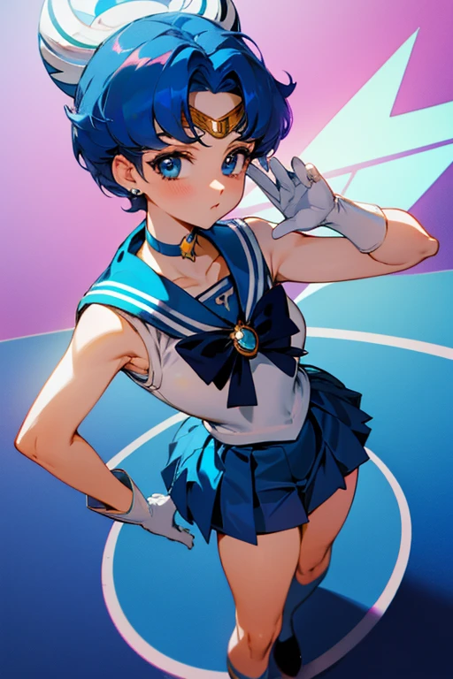 {best quality:1.5}, {very aesthetic:1.2}, ami mizuno, blue eyes, blue hair, short hair, parted bangs,back bow, blue bow, blue choker, blue sailor collar, blue skirt, bow, choker, earrings, gloves, jewelry, magical girl, miniskirt, pleated skirt, sailor collar, sailor senshi uniform, skirt, stud earrings,The tiara is worn only on the forehead,from above , sleeveless,facing viewer,sitting,Beaming,contrapposto,put hands on hips,,bad quality,worst quality