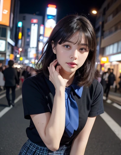 (8k, RAW Photos, masterpiece:1.3), (Realistic, photo-Realistic:1.37), (night), (Watching the audience:1.331), (Gray Hair), Pose, Tokyo Street, nightcityscape, Cyberpunk City, Soft Light, One girl, Extremely beautiful face, bust, Put your hands down, Random hairstyle, Random Expressions, Big Eyes, Lower abdomen, (Short sleeve .ＪＫ_shirt), ＪＫ_style, (dark blue ＪＫ_skirt), (bow ＪＫ_tie), Mix 4., Best Quality