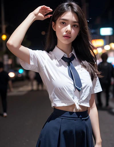 (8k, RAW Photos, masterpiece:1.3), (Realistic, photo-Realistic:1.37), (night), (Watching the audience:1.331), (Gray Hair), Pose, Tokyo Street, nightcityscape, Cyberpunk City, Soft Light, One girl, Extremely beautiful face, bust, Put your hands down, Random hairstyle, Random Expressions, Big Eyes, Lower abdomen, (Short sleeve .ＪＫ_shirt), ＪＫ_style, (dark blue ＪＫ_skirt), (bow ＪＫ_tie), Mix 4., Best Quality