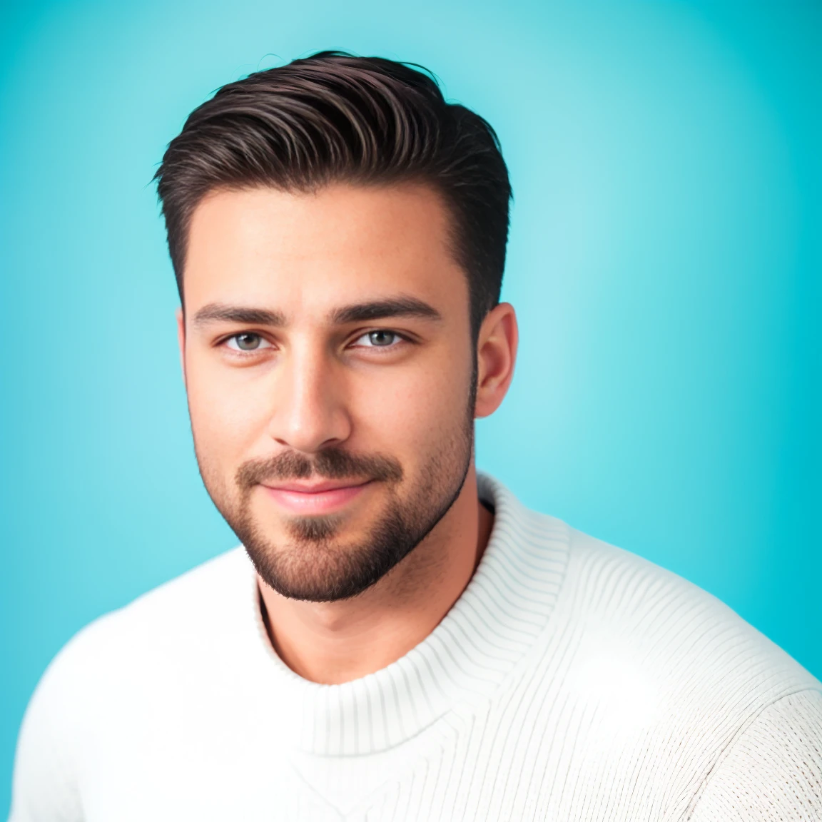 1man, RAW photo, medium close-up shot of a charismatic male fitness model, 30 years old，small beard, smiling slightly expression，gloomy eyes，Blue eyes, captured in a white background, wearing a dark blue sweater, soft natural lighting, cinematic and moody, (best quality,4k,8k,highres,masterpiece:1.2),ultra-detailed,(realistic,photorealistic,photo-realistic:1.37),HDR,studio lighting,professional,vivid colors,dramatic lighting