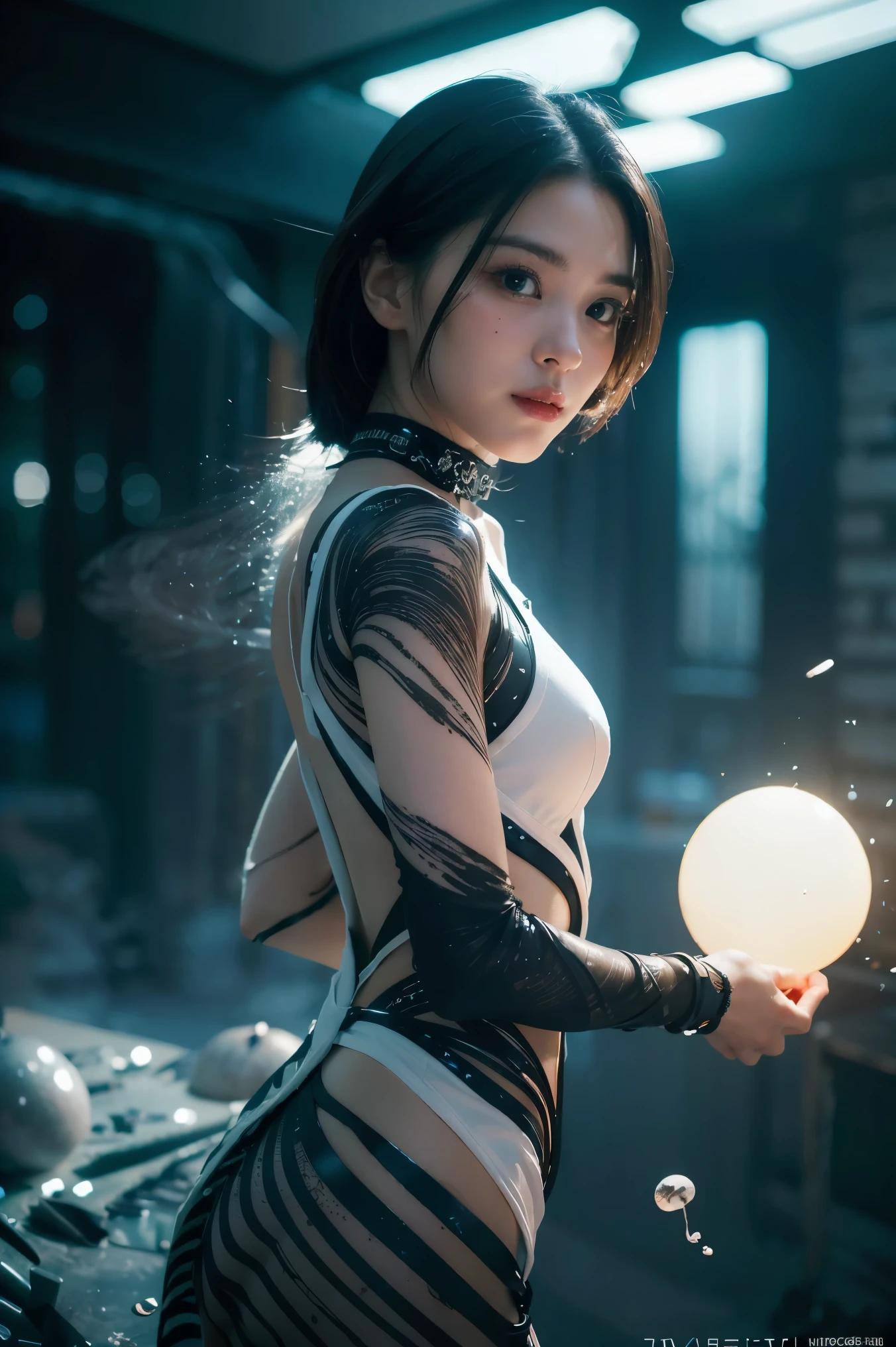 ((masterpiece, best quality)), ultra detailed 8k, photorealistic, sharp focus, highly detailed, professional lighting , shadowmancer, photo of a woman, ink particle, ((swirling black ink floating around)), futuristic fantasy, futuristic white dress, dynamic pose, realistic, masterpiece, intricate details, detailed background, depth of field,