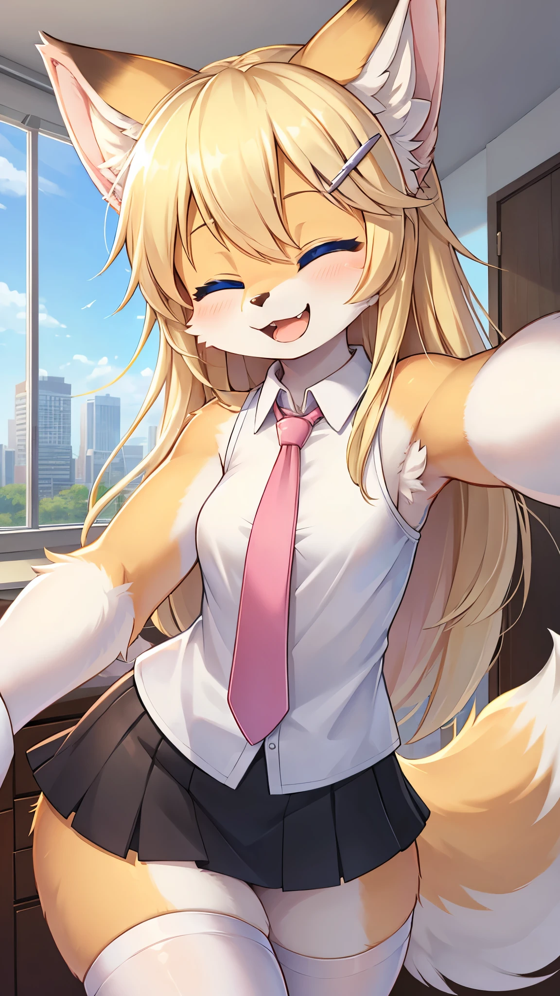 best quality,best resolution,(fluffy anthro furry :1.6),fox girl,flat chest,blue eyes,(blonde hair),long hair,messy hair,(pink fur),sleeveless white shirt,(pink necktie),(black mini skirt),(white stockings),(silver cross hairpin),beautiful office,building,sunbeam,blue sky,looking at viewer,happy face,smile,standing,open mouth,close up,two hands selfie,two eyes closed
