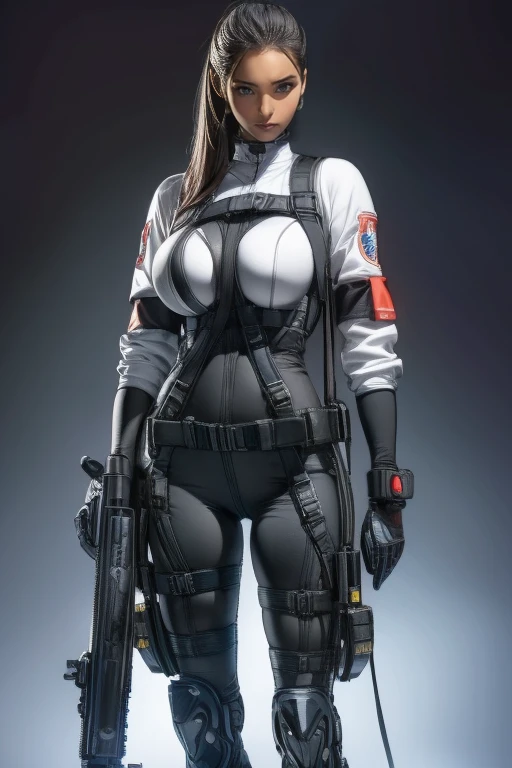 Best Quality、Amazing details、Ultra-high resolution、（realism：1.4）、（（close：0.75））、One woman is very condensed、Beautiful and delicate face、Perfect Proportions、Narrow your target audience、Large Breasts）、Brown Hair、（Silver Technology Suit）、（Cyborg Vs... Police uniform、、、Black and grey mech、Military Harness、RPG-7 (English) (English)、Hitch Technology Flamethrower Tank Transport）、The background is a simple gray wall、