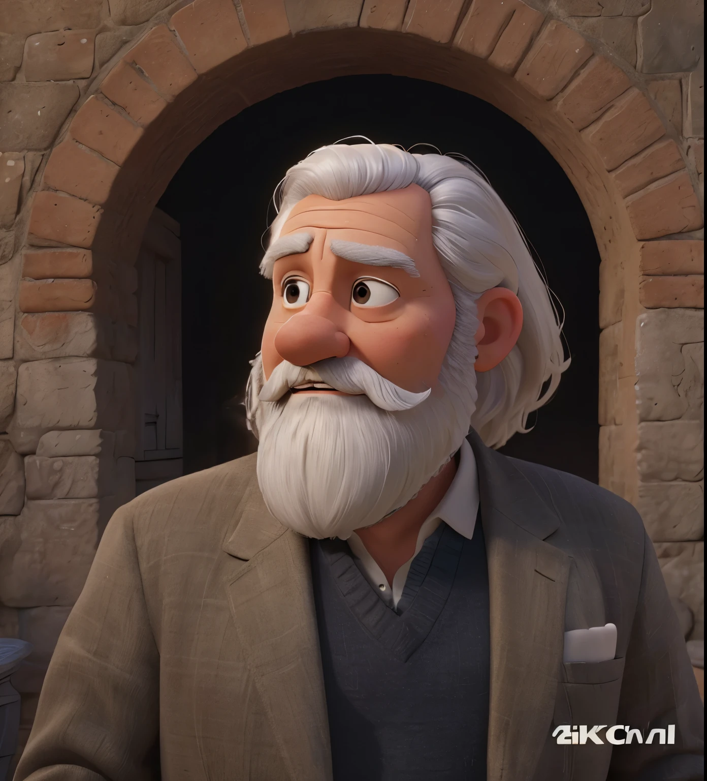 a bearded man in a white hat and white shirt, 70 year old man, (best quality,4k,8k,highres,masterpiece:1.2),ultra-detailed,(realistic,photorealistic,photo-realistic:1.37),pixar style 3D, warm lighting, detailed portrait, intricate details, cinematic lighting, dramatic shadows, chiaroscuro, vibrant colors, soft focus, depth of field