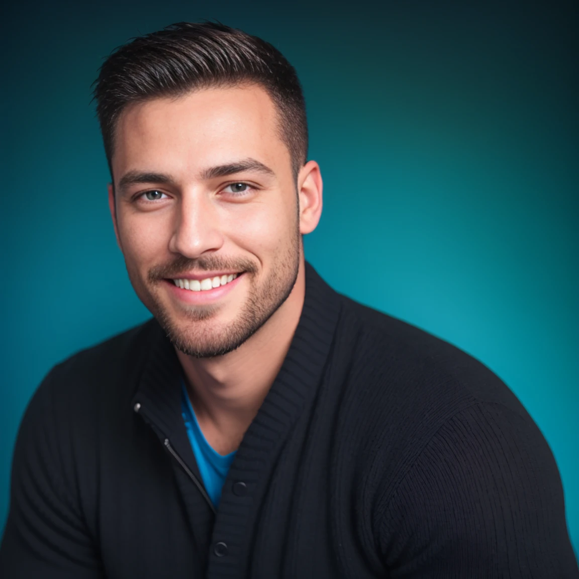 1man, RAW photo, medium close-up shot of a charismatic male fitness model, 30 years old，small beard, Smiling happy expression，gloomy eyes，Blue eyes, captured in a black background, wearing a blue sweater, soft natural lighting, cinematic and moody, (best quality,4k,8k,highres,masterpiece:1.2),ultra-detailed,(realistic,photorealistic,photo-realistic:1.37),HDR,studio lighting,professional,vivid colors,dramatic lighting