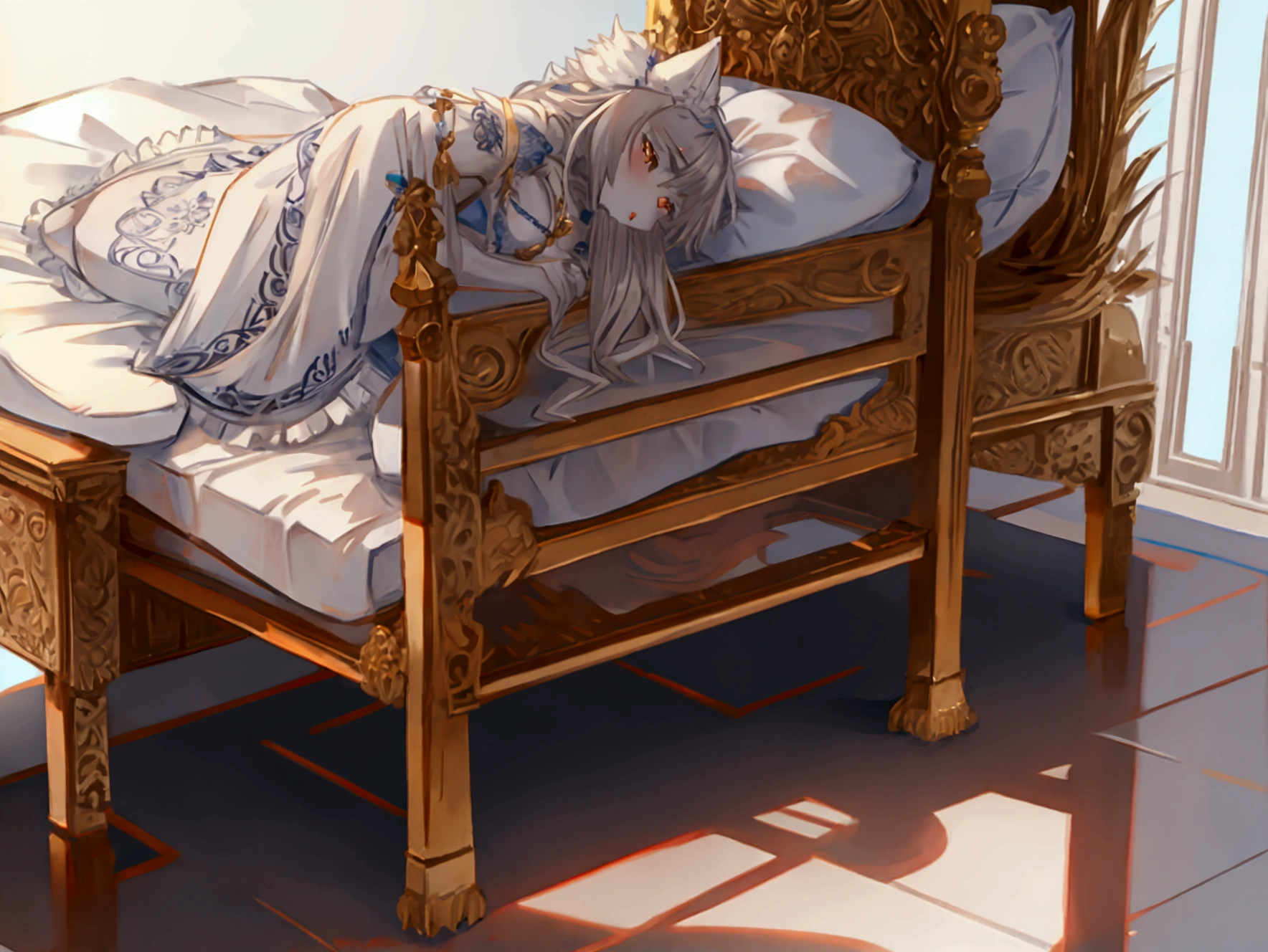 Lying in Pharaoh's coffin，Egyptian dress-up，Big-tailed wolf，blue color eyes，Gray hair，long whitr hair，Sleepy expression