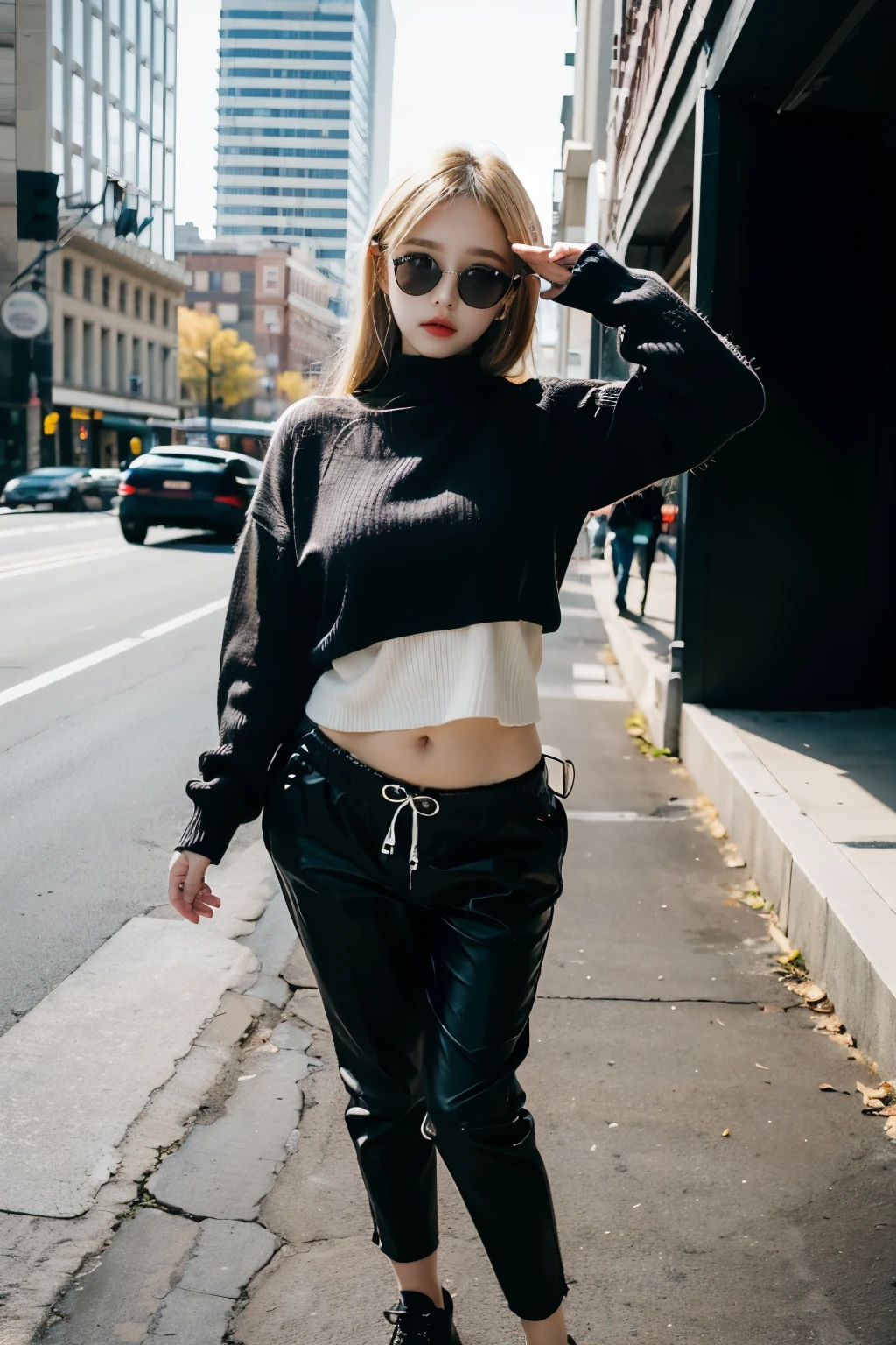 UHD,masterpiece,best,quality,ultra-detailed,1girl,20years old,blonde hair,Curvy Body,sweater,black slacks,at City,clenched fist,eye wear,full body,