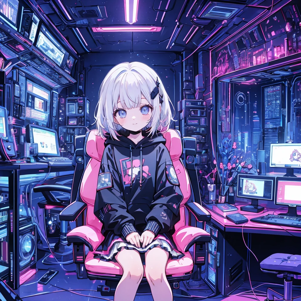 Best Quality, Highest quality, Very young girl, Alone, code, Hacker Style, View the computer, A slight blush,、Side view、Light pink,Light blue, cable, Vintage, Cyberpunk, Medium bust, Big Breasts, Sparkling amber eyes, Black eyes, Eye Reflexes, length upper eyelashes, length, White Hair, Ash grey mesh, Bob Hair, ((Black hoodie)), (White flared skirt), smile, Cat ears, first round, Sit on a chair, In front of the computer, ビデオGameをプレイする,Game,((Gameのコントローラー)),データセンターのbackground, Deep purple theme, Night City、 Leaning forward, Beautiful art, background((Hacker Room, Server Room, Neon Light Brace, A room with a lot of electronic devices,Small room,So many computer monitors )),Living alone,, Debris scattered, Line Depth, movie, Visual Arts, Perfect Art, Genuine, Anime Style, Shining, movie照明, Chiaroscuro, Ray Tracing, 8k, MasterpieceSuper thin skin, Ultra detailed face perfect face, Extremely fine facial detail, Beautiful delicate eyes, Perfect Eyes, Correct limbs, Correct diagram, Very detailed figurine, Best hair quality, Best Clothing Quality, Best Prop Quality