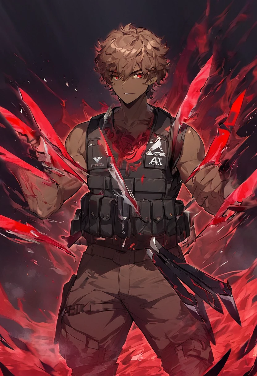 man ,brown skin color ,short curly hair ,normal physique ,There are several knives around ,red eyes ,bulletproof vest ,a red aura around you ,ready for combat 