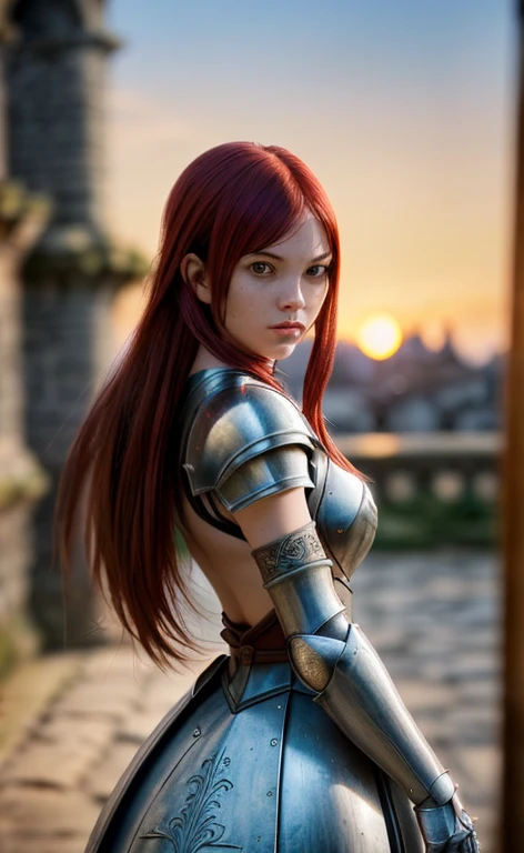 Erza scarlet, (masterpiece), (extremely intricate:1.3), (realistic), Portrait of a girl, The most beautiful in the world, (medieval armor), metal reflections, upper body, outdoors, Intense sunlight, Faraway Castle, professional photography of a stunning woman detailed, sharp focus, Dramatic, Award Winner, cinematic lighting octane rendering unreal engine, dtx volumetry, (film grain, blurred backgroundblurred foreground, bokeh, depth of field, sunset, Motion blur:1.3), coat of mail