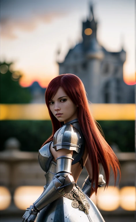 Erza scarlet, (masterpiece), (extremely intricate:1.3), (realistic), Portrait of a girl, The most beautiful in the world, (medieval armor), metal reflections, upper body, outdoors, Intense sunlight, Faraway Castle, professional photography of a stunning woman detailed, sharp focus, Dramatic, Award Winner, cinematic lighting octane rendering unreal engine, dtx volumetry, (film grain, blurred backgroundblurred foreground, bokeh, depth of field, sunset, Motion blur:1.3), coat of mail