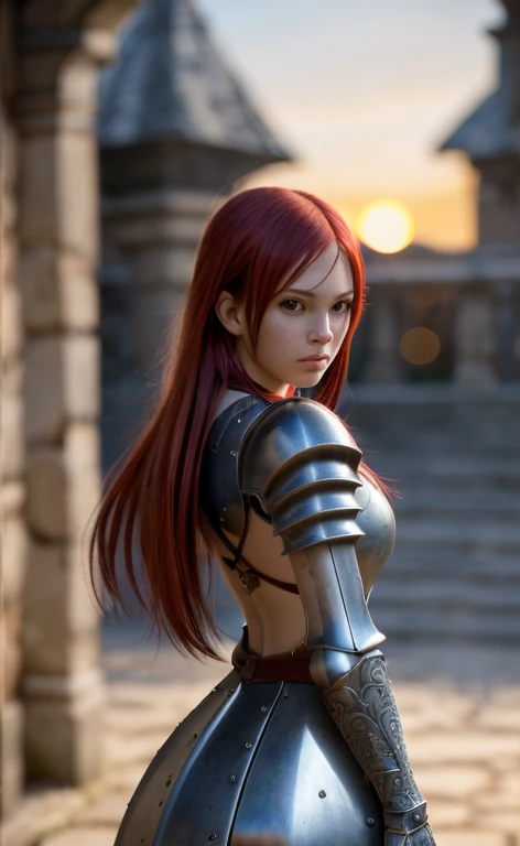 Erza scarlet, (masterpiece), (extremely intricate:1.3), (realistic), Portrait of a girl, The most beautiful in the world, (medieval armor), metal reflections, upper body, outdoors, Intense sunlight, Faraway Castle, professional photography of a stunning woman detailed, sharp focus, Dramatic, Award Winner, cinematic lighting octane rendering unreal engine, dtx volumetry, (film grain, blurred backgroundblurred foreground, bokeh, depth of field, sunset, Motion blur:1.3), coat of mail