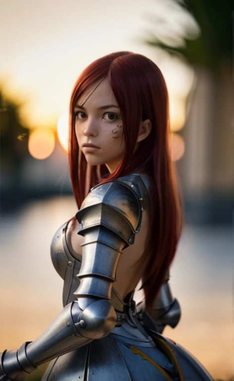 Erza scarlet, (masterpiece), (extremely intricate:1.3), (realistic), Portrait of a girl, The most beautiful in the world, (medieval armor), metal reflections, upper body, outdoors, Intense sunlight, Faraway Castle, professional photography of a stunning woman detailed, sharp focus, Dramatic, Award Winner, cinematic lighting octane rendering unreal engine, dtx volumetry, (film grain, blurred backgroundblurred foreground, bokeh, depth of field, sunset, Motion blur:1.3), coat of mail