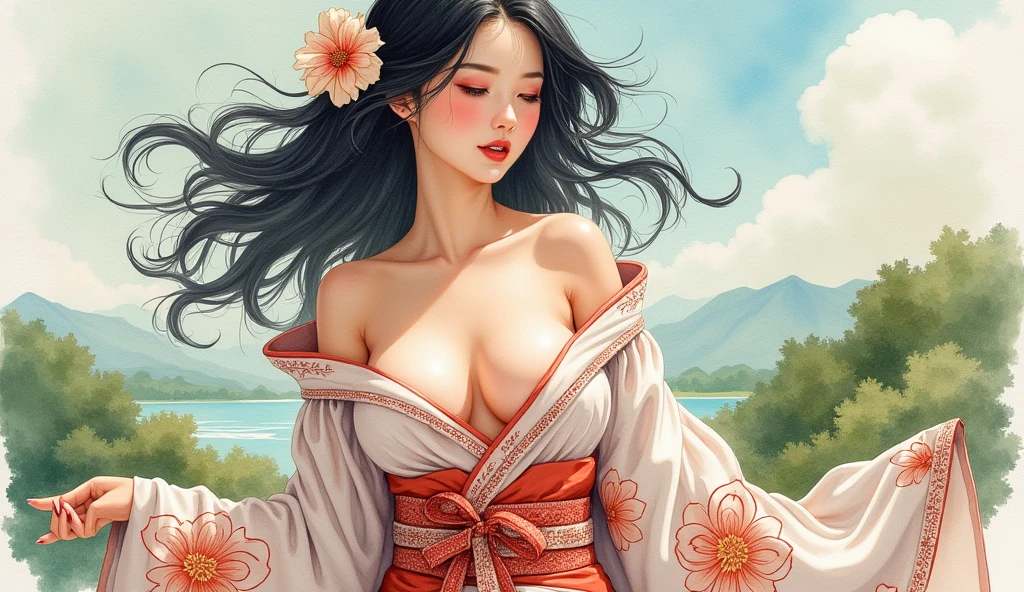 cute young asian woman, long black hair, small breasts, nude, nudity, no_clothes, naked, sad face, big droopy eyes, small lips, small mouth, small nose, long eyelashes, cherry blossom trees, black eyes, thick eyebrows, eyes drooping on outer side, retro artstyle