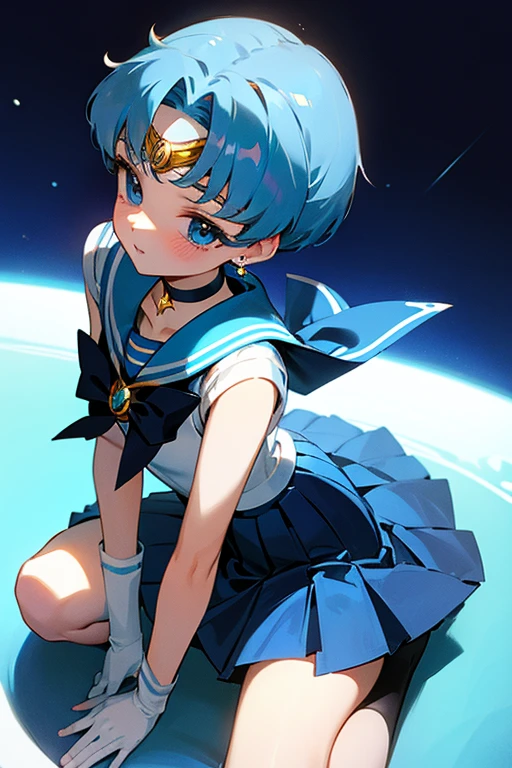 {best quality:1.5}, {very aesthetic:1.2}, ami mizuno, blue eyes, blue hair, short hair, parted bangs,back bow, blue bow, blue choker, blue sailor collar, blue skirt, bow, choker, earrings, gloves, jewelry, magical girl, miniskirt, pleated skirt, sailor collar, sailor senshi uniform, skirt, stud earrings,The tiara is worn only on the forehead,from above , sleeveless,looking back,sitting,Beaming,hands together, pray,bad quality,worst quality,fewer digits,bad leg