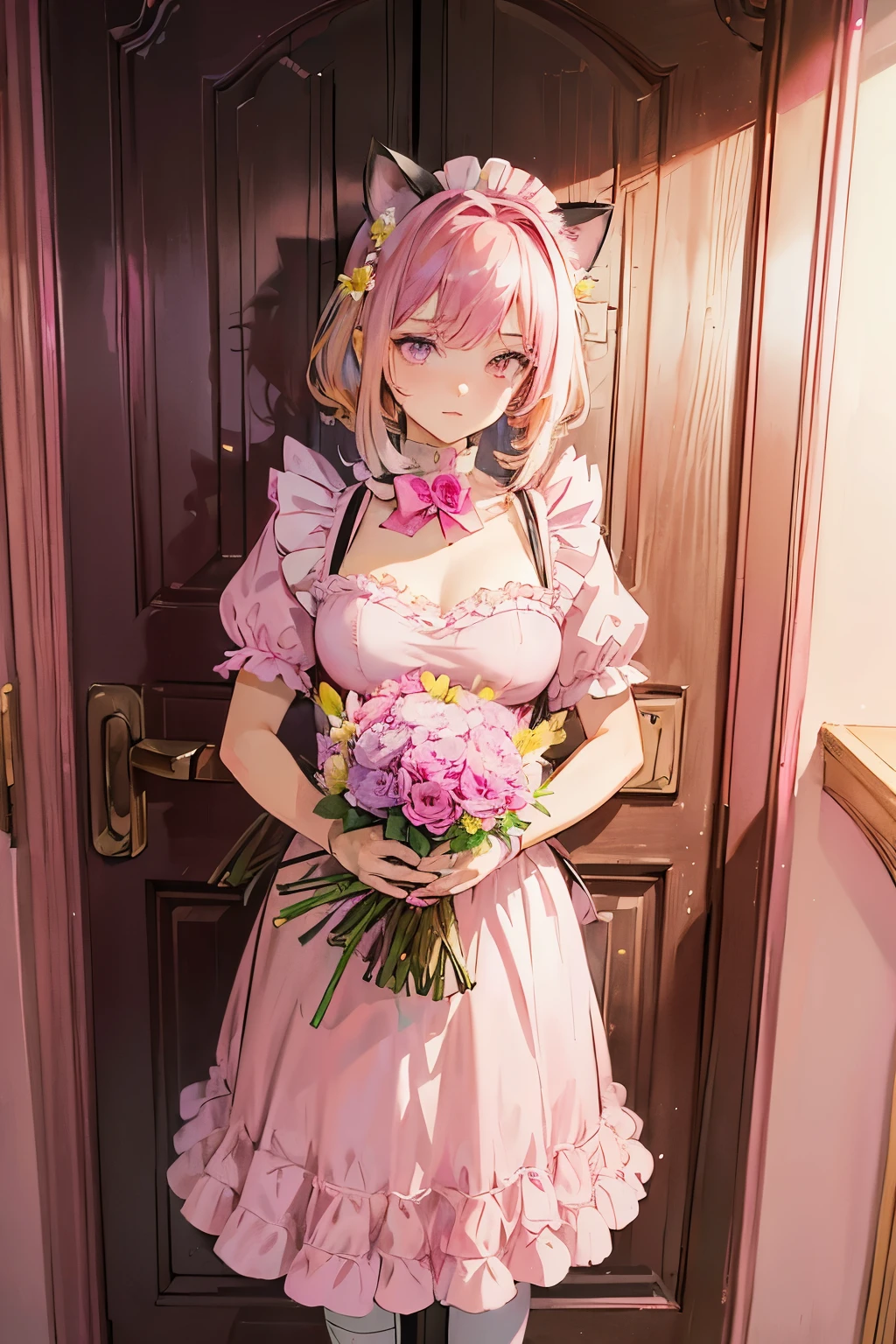 Masterpiece, 16K, Wallpaper, 
(Pink hair:1.3), (Pink eyes:1.3),
(Cat ears:1.3),
Medium breast, (Pink maid costume:1.3),
(Standing by door:1.3), (Holding Flower bouquet:1.4)
