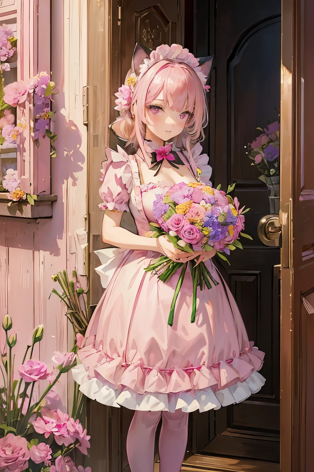 Masterpiece, 16K, Wallpaper, 
(Pink hair:1.3), (Pink eyes:1.3),
(Cat ears:1.3),
Medium breast, (Pink maid costume:1.3),
(Standing by door:1.3), (Holding Flower bouquet:1.4)
