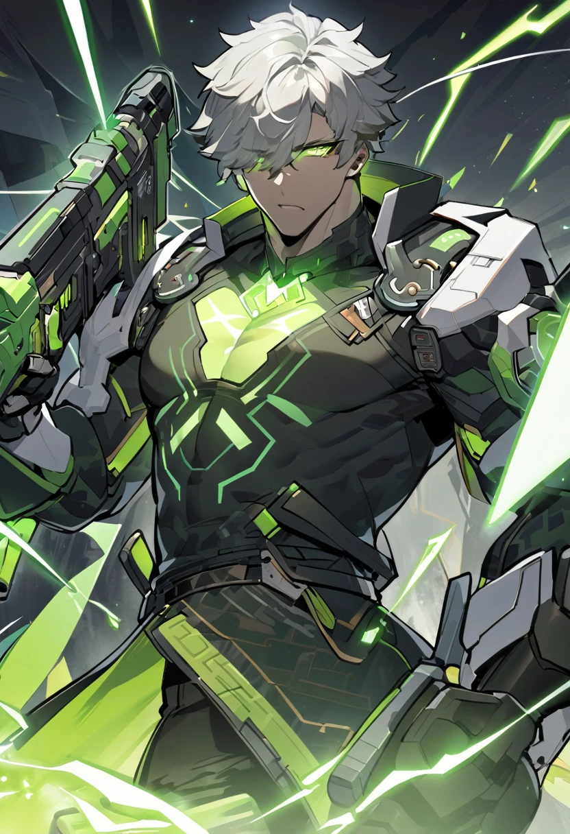 Li is a hero of athletic stature, with expressive eyes and a modern look that combines traditional Chinese and technological elements. His outfit incorporates a mix of green and black tones., with glowing runes radiating from his chest. He carries a pair of energy pistols.