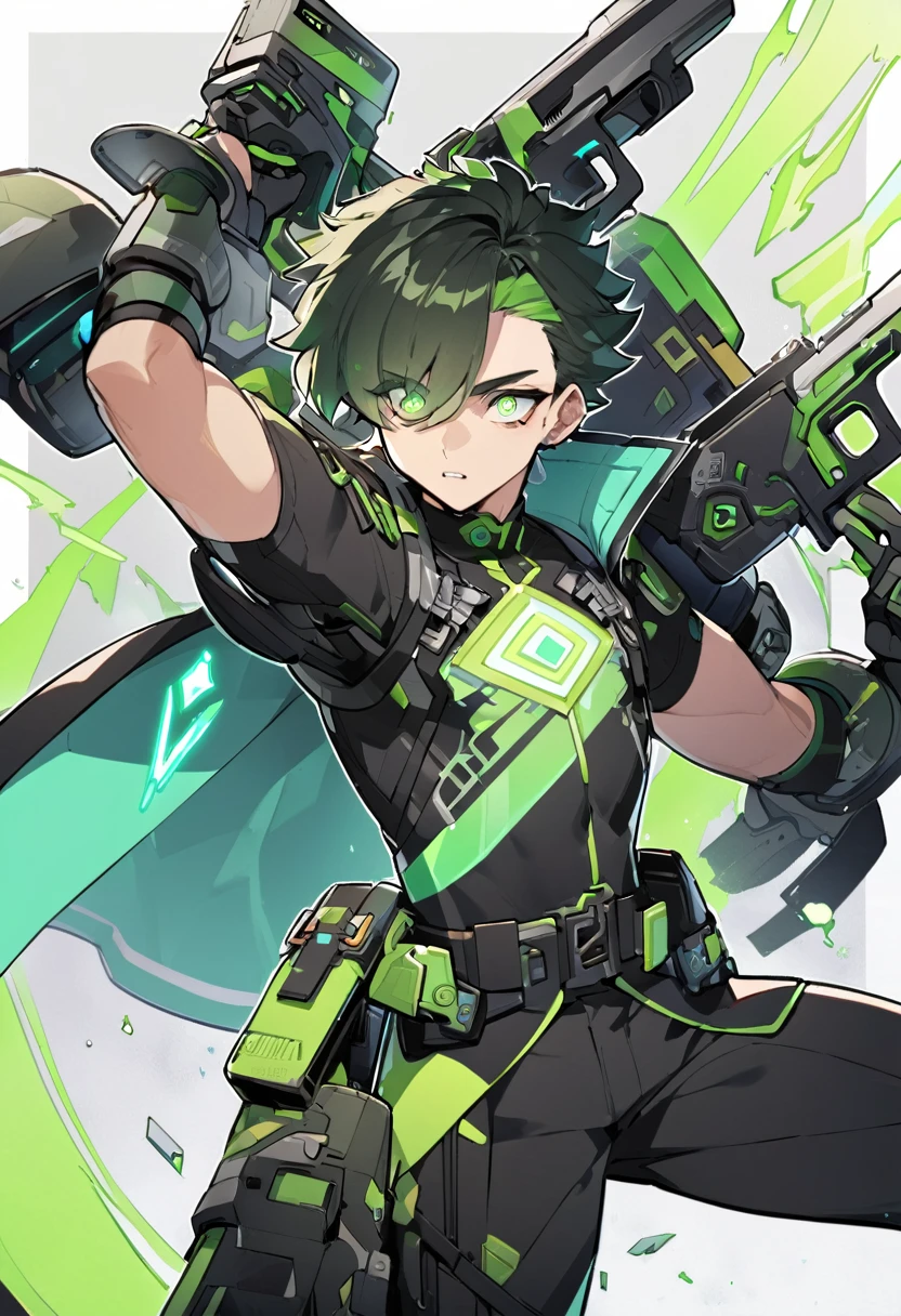 Li is a hero of athletic stature, with expressive eyes and a modern look that combines traditional Chinese and technological elements. His outfit incorporates a mix of green and black tones., with glowing runes radiating from his chest. He carries a pair of energy pistols.