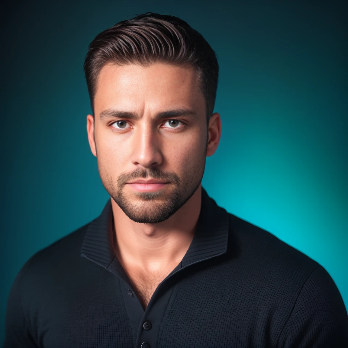 1man, RAW photo, medium close-up shot of a charismatic male fitness model, 30 years old，small beard, upset expression，gloomy eyes，Blue eyes, captured in a black background, wearing a blue sweater, soft natural lighting, cinematic and moody, (best quality,4k,8k,highres,masterpiece:1.2),ultra-detailed,(realistic,photorealistic,photo-realistic:1.37),HDR,studio lighting,professional,vivid colors,dramatic lighting