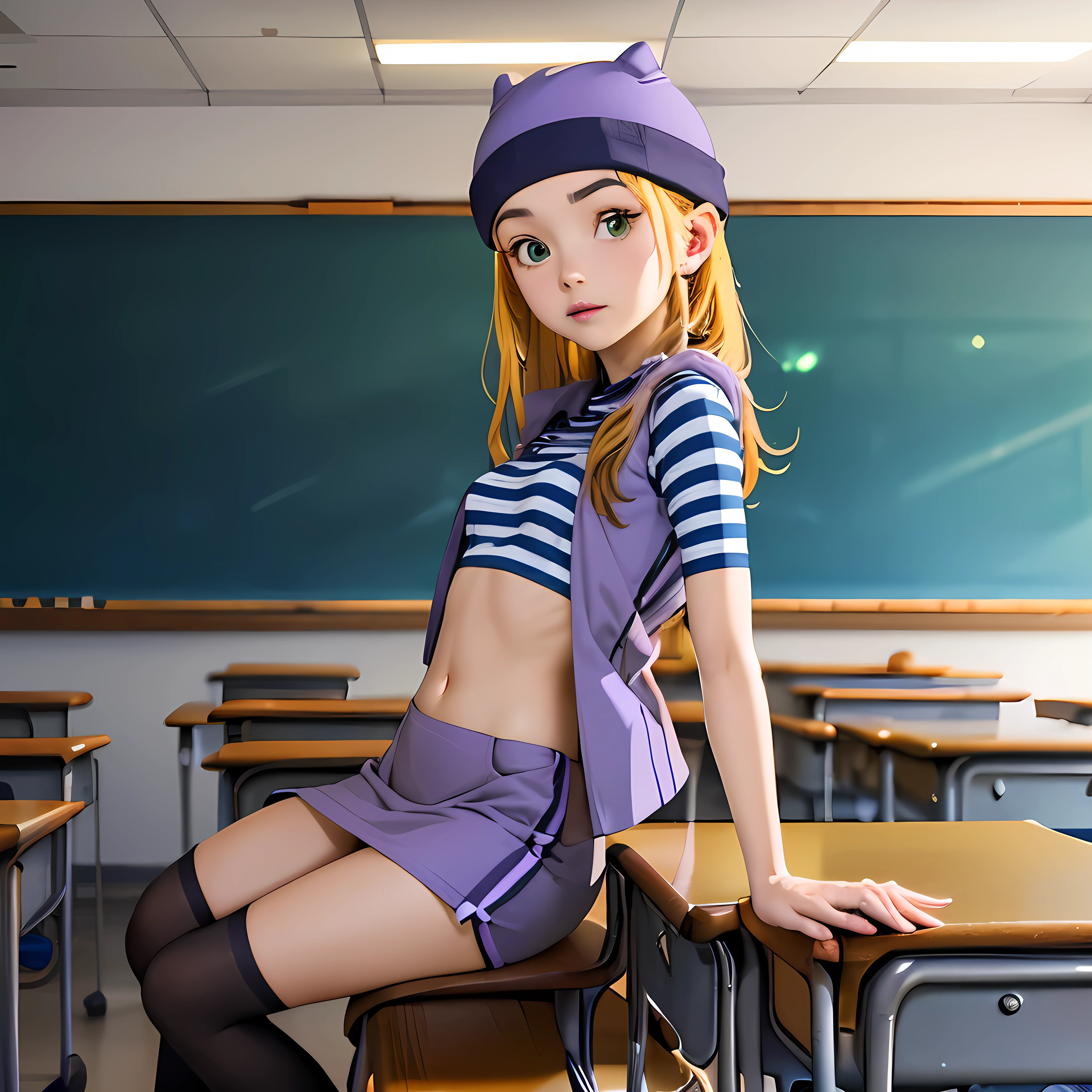 (masterpiece, best quality), 1girl, izumi Orimoto, indoors, classroom, green eyes, blonde hair, long hair, purple beanie, purple vest, purple miniskirt, blue white striped shirt, long purple socks, purple vest, striped shirt, navel shirt, small  size breast. rear view, looking at the viewer