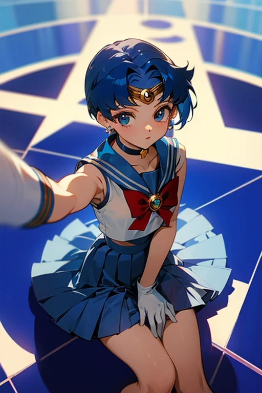 {best quality:1.5}, {very aesthetic:1.2}, ami mizuno, blue eyes, blue hair, short hair, parted bangs,back bow, blue bow, blue choker, blue sailor collar, blue skirt, bow, choker, earrings, gloves, jewelry, magical girl, miniskirt, pleated skirt, sailor collar, sailor senshi uniform, skirt, stud earrings,tiara  on  forehead,from above , sleeveless,nipples,facing viewer,sitting,Beaming,hands together, pray,bad quality,worst quality,fewer digits,bad leg