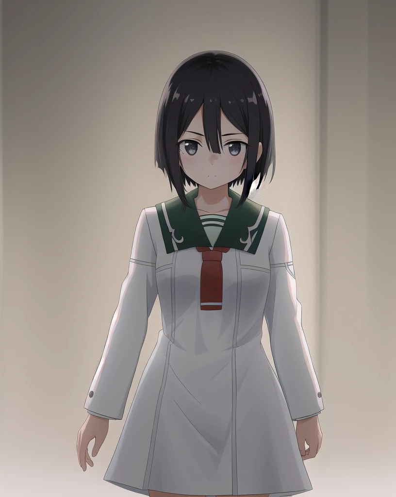 One girl, Alone, Short Hair,Black Hair, Black Eyes,Hair in eyes, Low short hair, Long sleeve,school uniform white dress,Red tie,Sailor suit,