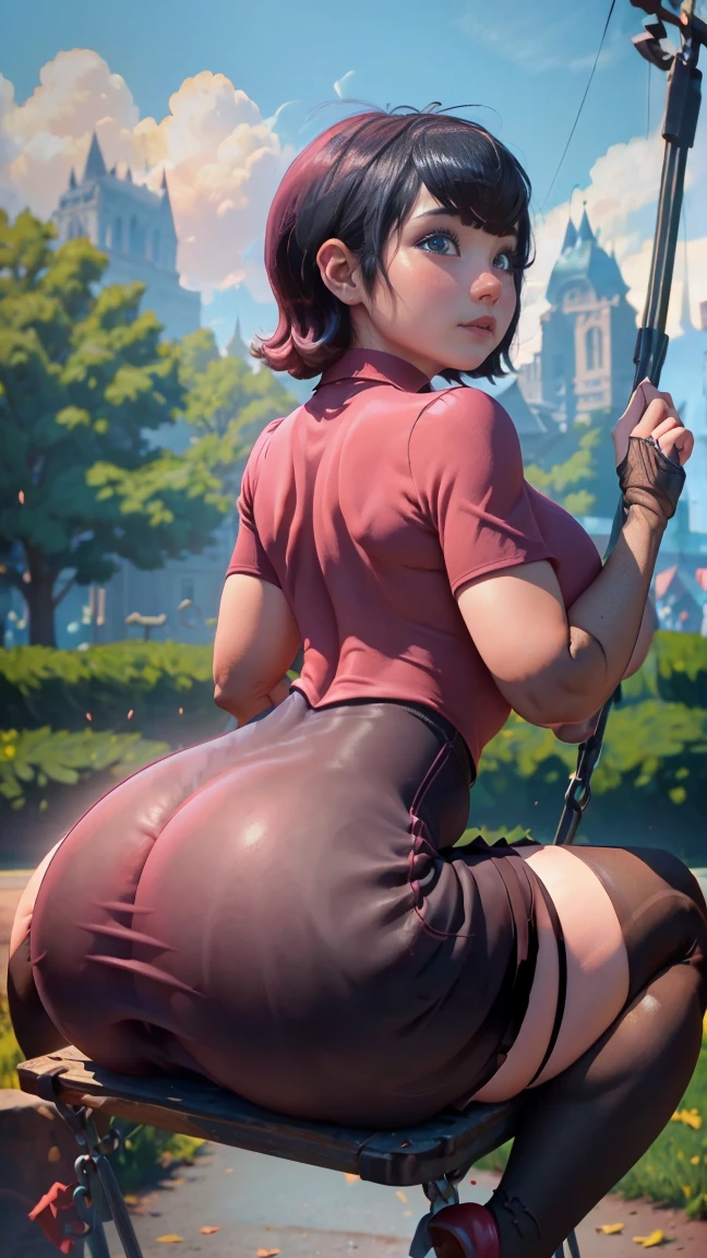 disney snow white, lifting her skirt up, showing her ass, ina,vom behind, detailed facial features, long eyelashes, rosy cheeks, short hair, dark blue dress(White collar, puffy sleeves)ng yellow skirt, colorful fairytale forest background, golden light, cinematic composition, photorealistic, 8k, highly detailed, masterpiece, volumetric lighting, dramatic lighting