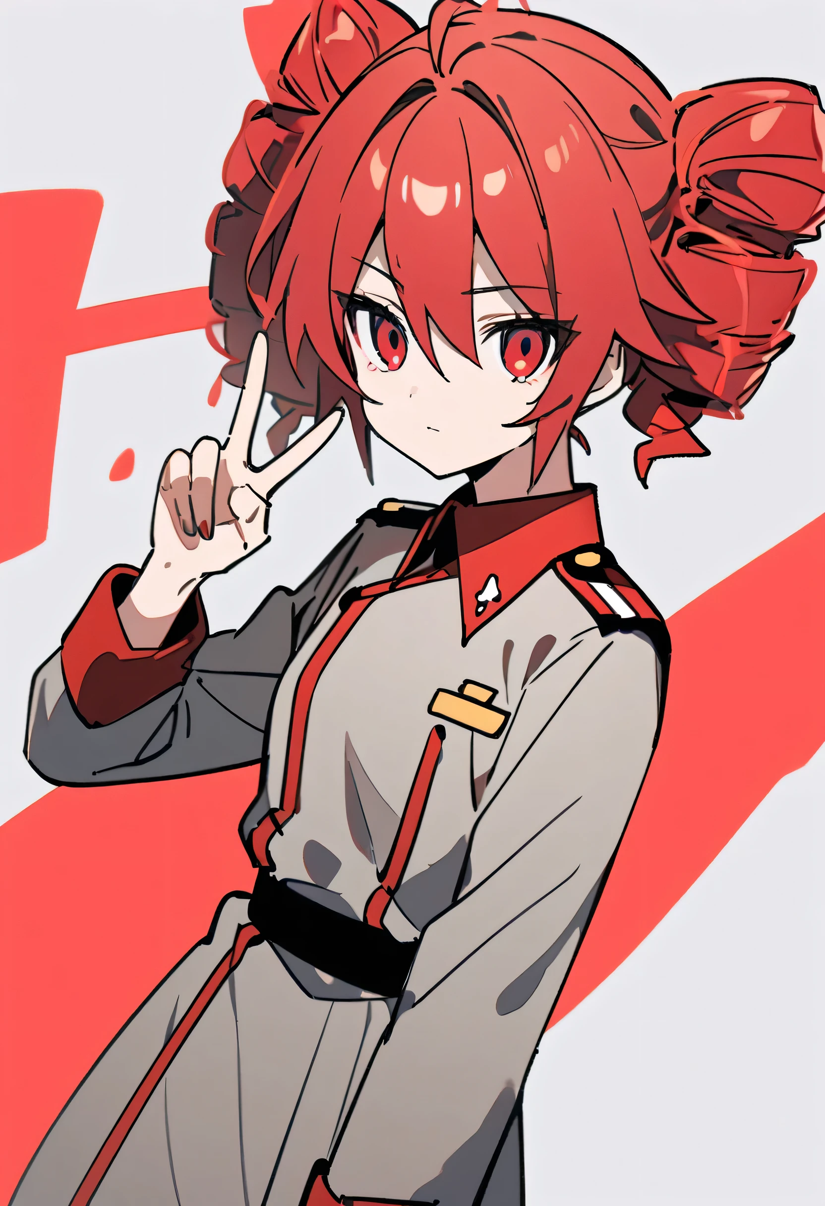 no background,One Girl、Red Hair、Red eyes、Rui Tet、Expressionless、piece、v sign、Red and grey military uniform