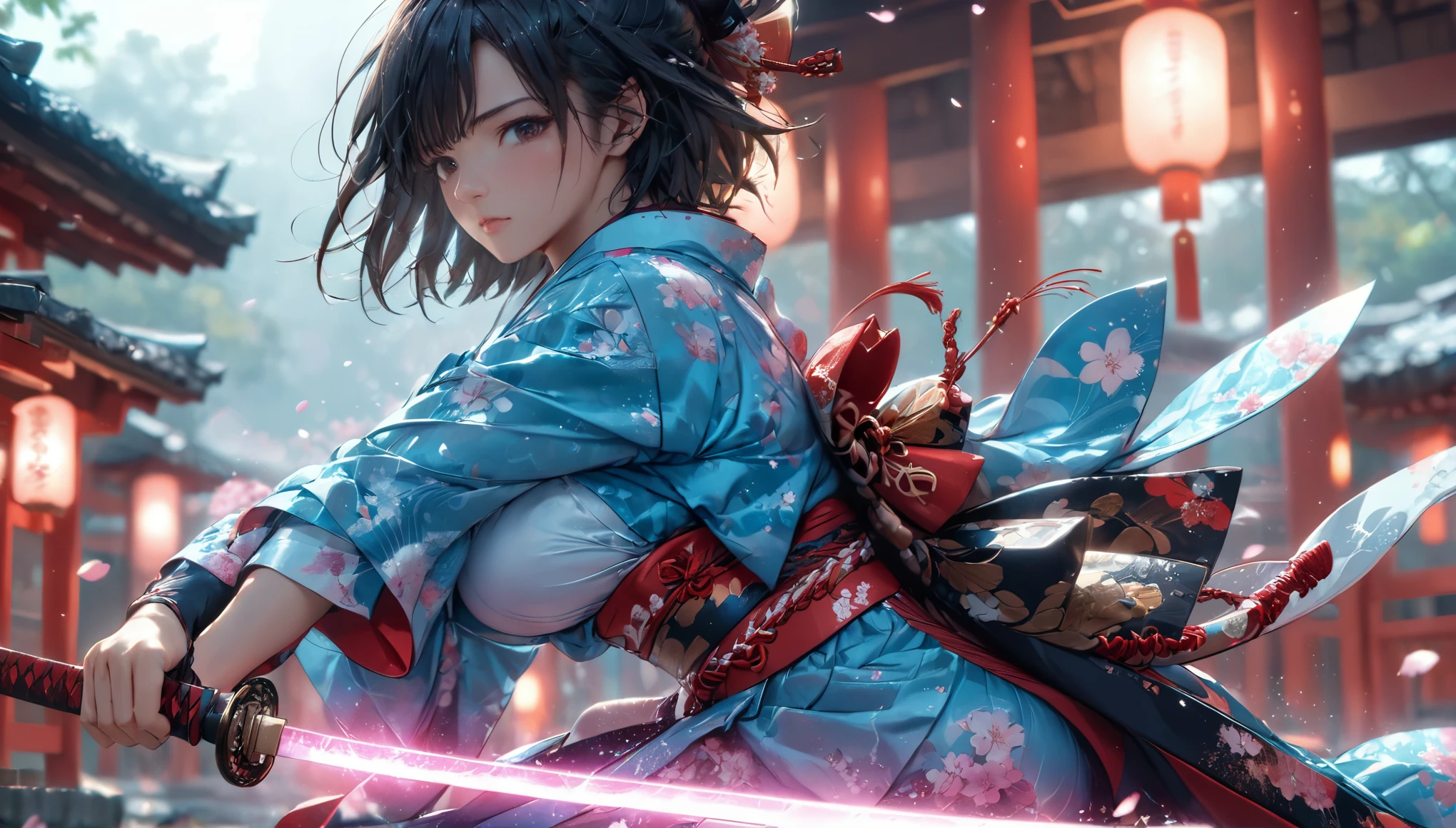 (4k, 8k, masterpiece:1.2), ultra high-res, (extremely detailed:1.3), dynamic pose, perfect anatomy, (intricate line work:1.3), sharp focus, (digital painting), (vivid colors:1.3), (masterful lighting:1.3), expressive, captivating eyes, Japanese warrior woman, traditional samurai-inspired attire, cerulean yukata with billowing sleeves, (dark, messy short hair), (black hair), intense gaze, dark brown eyes, (pale skin), large breast, athletic, hourglass physique, (loose-fitting hakama-style pants), dynamic movement, katana in hand with glowing energy, combat boots with red laces, (cinematic lighting), (dramatic atmosphere), shrine maiden with a tomboy edge, poised for battle, shrine setting with Japanese architecture in the background, cherry blossoms subtly falling in the wind, cinematic depth of field, glowing aura around the katana, (soft bokeh of traditional Japan), atmospheric, moody, stylized realism, (Marvel Cinematic Universe style), detailed armor accessories, (inspired by Atey Ghailan, Jeremy Mann, and Greg Rutkowski).
