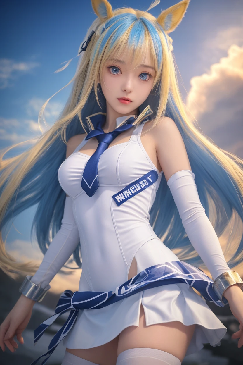 (woman cosplay as Lucy Heartfilia from @luweazl, white sleeveless shirt, blue skirt, long white socks, delicate face, dynamic pose, high resolution, dynamic angle, twilight, volumetric light, wavy hair, white flowers, dreamy atmosphere)