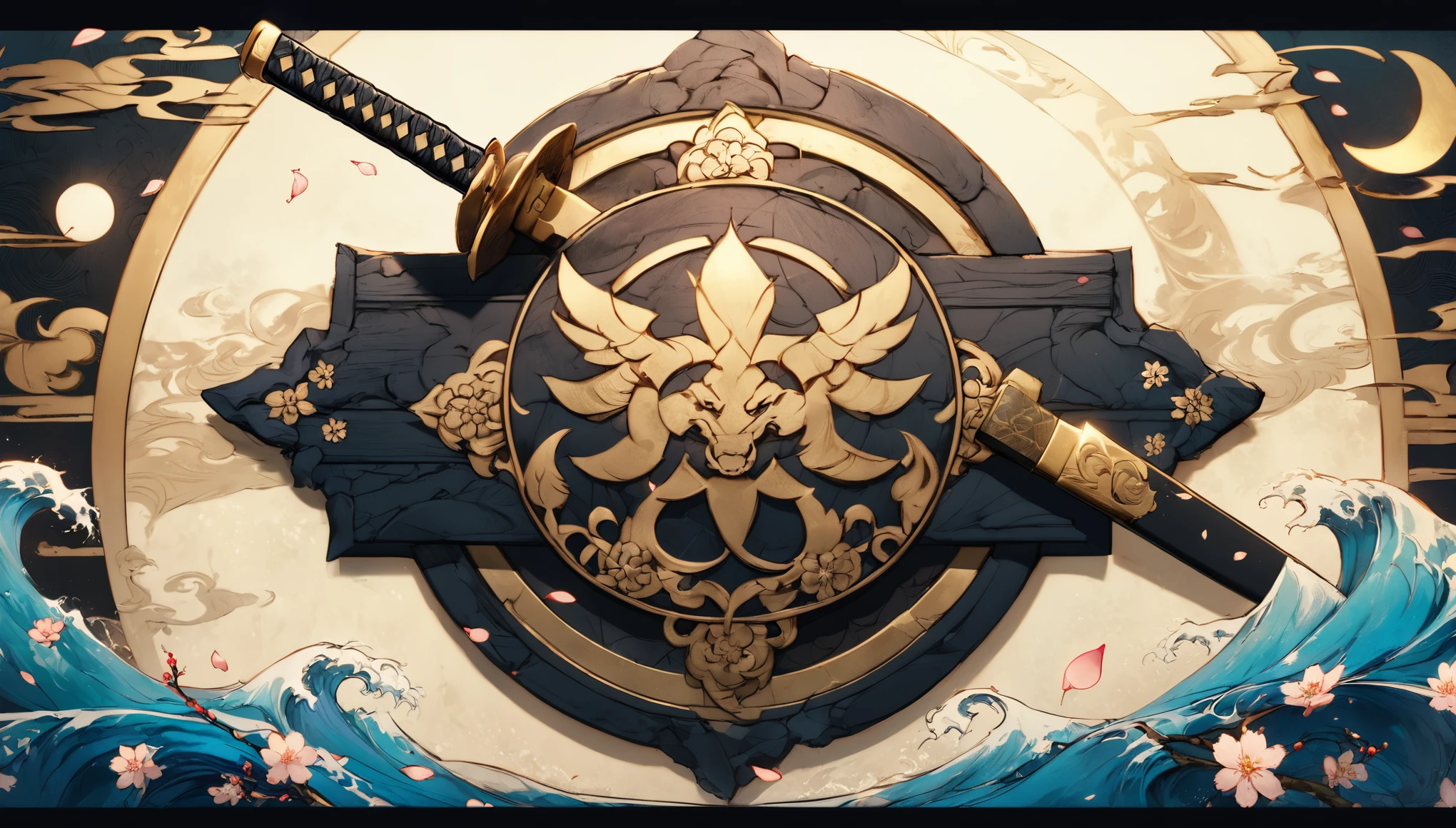(4k, 8k, ultra-detailed, intricate design, high-res emblem, sharp focus:1.3), (mythical Japanese crest), (samurai clan emblem), inspired by traditional Japanese family crests, featuring a stylized katana crossed with a smithing hammer, both surrounded by swirling wind patterns, (subtle cherry blossom petals:1.2) in the design, representing balance and spiritual power, (engraved metallic texture:1.3) with a weathered look, (golden and black contrast), the katana blade and hammer glowing faintly with an ethereal aura, set within a circular border inspired by the sun and moon, symbolizing harmony between light and darkness, (intricate detailing on the wind motifs:1.3), traditional Japanese calligraphy subtly embedded along the edges, representing the legacy of the immortal blacksmith. The background is a textured stone surface with faint cracks to symbolize the clan's resilience and history. (Masterpiece level of detail), inspired by traditional Japanese family crests and mythology.