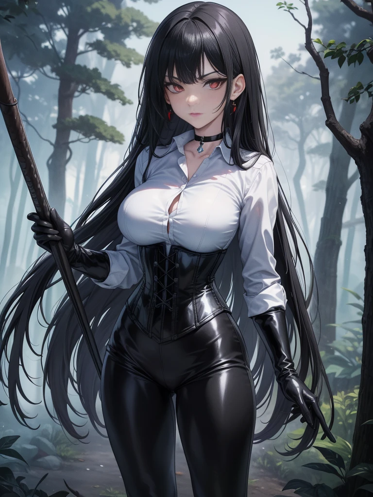 8K, highres, ultra detailed, (masterpiece:1.4), The best quality, symmetrical body, standing, pose sexy, front view, choker:1.6, holds an axe in his hand, (White collar button-down shirt with white long sleeves), Black gloves, gloves that cover the hands, (black leather corset), (Black shiny leggings), (black boots), Alone, Earrings, Long hair, black hair, perfect eyes,  red eyes, Shine effect, detailed eyes, detailed face, mirAndo Al espectAdor, path, dark forest, night, fog, angled view, big breasts, serious gaze