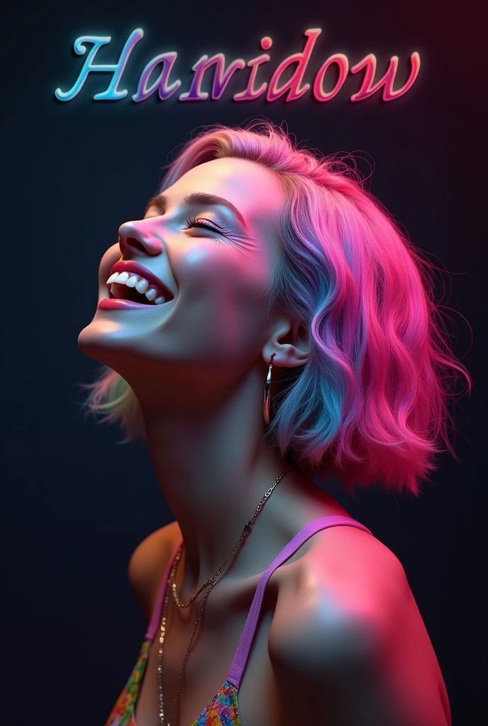 Pink hair: The girl has short, wavy hair dyed a bright pink color, styled in loose waves that frame her face. Wide-eyed: Her eyes are open wide, giving her a lively and engaging expression. Dilated pupils: Her pupils appear large, adding to the intensity of her gaze. Laughing: The girl is captured in the midst of laughter, with her mouth open wide, showcasing her white teeth. Theatrical lighting: The entire image is bathed in soft pink stage lighting, creating a dramatic and artistic ambiance. Smiling: Her smile is broad and genuine, contributing to the joyful mood of the image. Elegant dress: She is wearing a low-cut pink dress, which is elegant and accentuates her figure, fitting the theatrical environment. Red velvet seats: The background features the plush red velvet seats of the theater, adding depth and a sense of luxury to the image. Ornate details: The backdrop includes ornate gold detailing and decorative elements typical of classic theaters, contrasting with the modern lighting and creating a rich, textured setting. Theater atmosphere: The overall vibe suggests a lively, sophisticated theater scene, with an emphasis on elegance and high-quality visual details, including a focus on bokeh, high resolution, and anatomical accuracy.