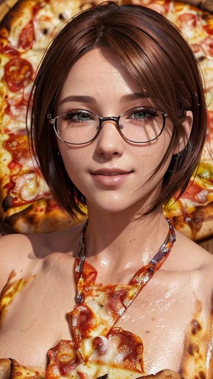 portrait, close-up, upper body. Short, red hair, green eyes, glasses with metal frames, green shirt, joyful smile, cheerful girl . (masterpiece, top quality, best quality, official art, beautiful and aesthetically pleasing:1.2), extremely detailed,(fractal art:1.2),Colorful,The most detailed, (dynamic pose), (pizza background:1.5), (Lots of pizza slices:1.4). ((SPLIT. Skin texture, Shiny skin. elegance. photorealism. unreal engine. 3D model. Ultra high quality textures. High detail. permission 8k))