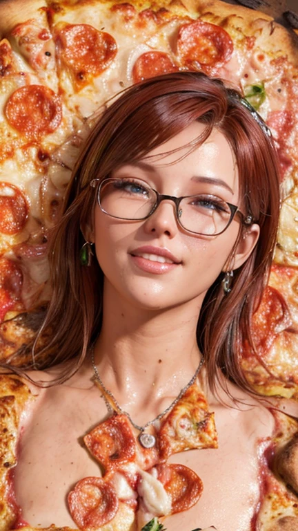 portrait, close-up, upper body. Short, red hair, green eyes, glasses with metal frames, green shirt, joyful smile, cheerful girl . (masterpiece, top quality, best quality, official art, beautiful and aesthetically pleasing:1.2), extremely detailed,(fractal art:1.2),Colorful,The most detailed, (dynamic pose), (pizza background:1.5), (Lots of pizza slices:1.4). ((SPLIT. Skin texture, Shiny skin. elegance. photorealism. unreal engine. 3D model. Ultra high quality textures. High detail. permission 8k))