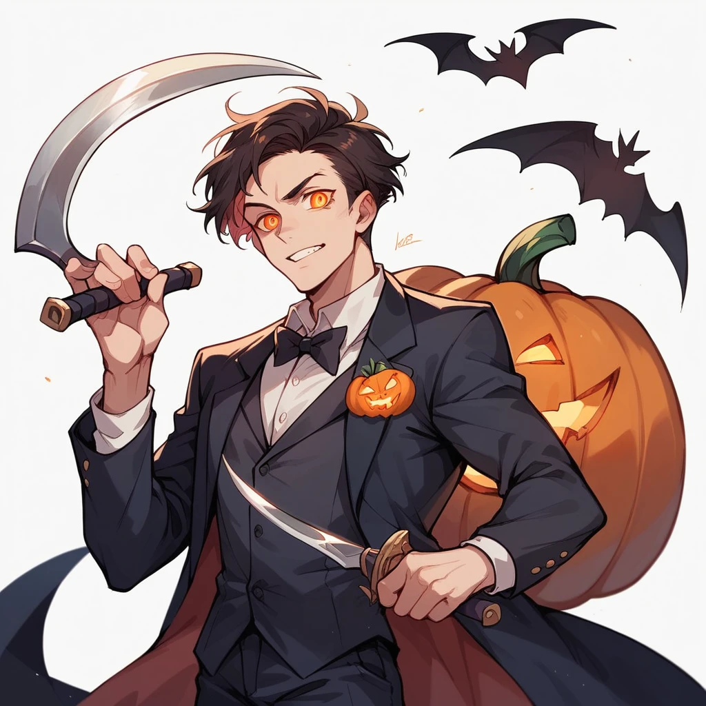 Halloween Day Character Illustration,alone,Pumpkin head with fire eyes,Wear a suit,Holding a sickle,Masterpiece,White background