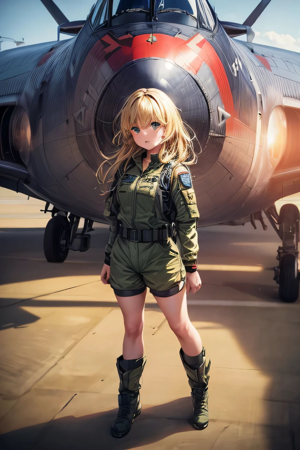 (masterpiece), best quality, expressive eyes, perfect face((best quality)), ((masterpiece)), (detailed), perfect face, airforce jumpsuit, standing, full body, front view, European, blonde, dark green uniform, jetfighter plane background,amazing sapraizz, dynamic production, cinematic lighting  ,8k